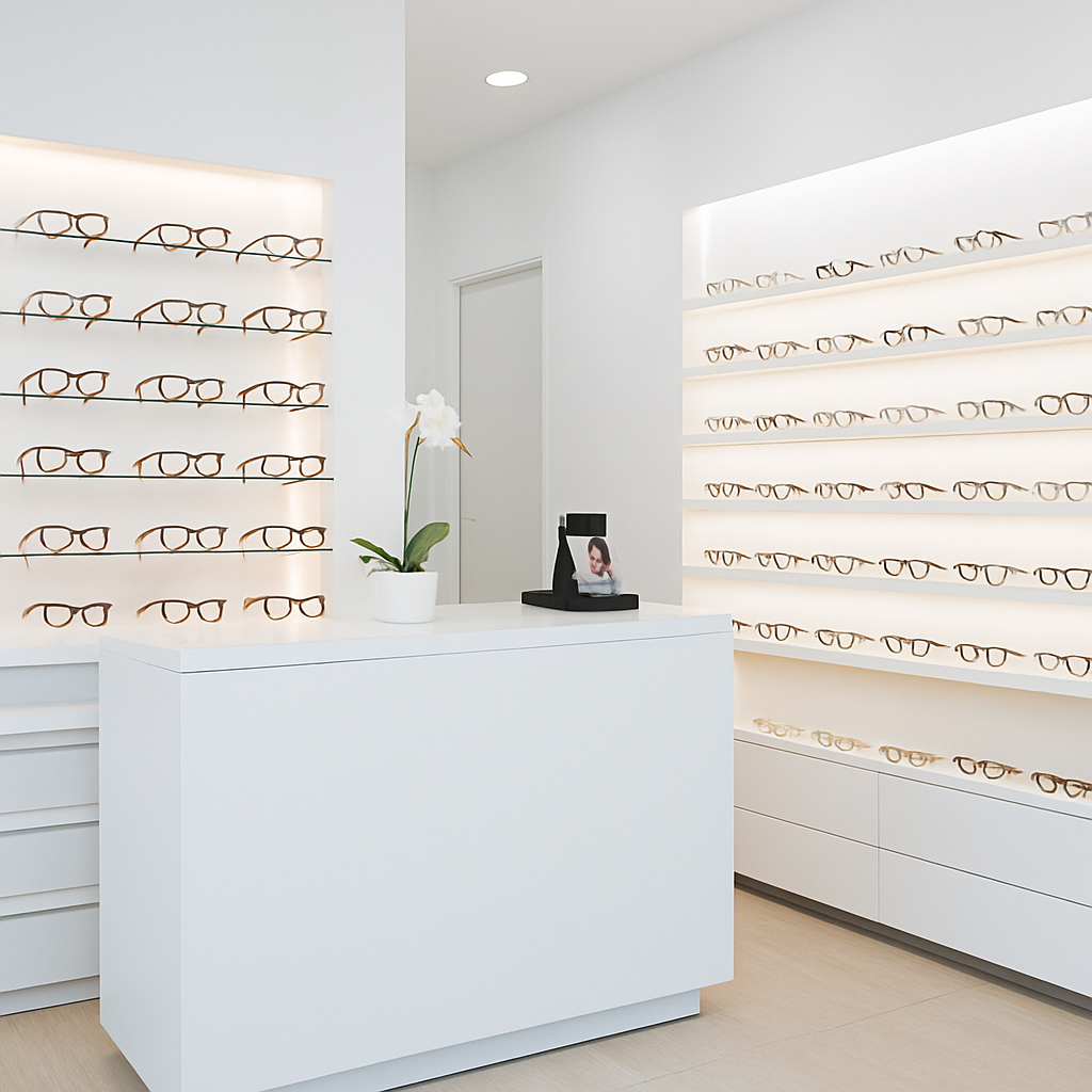 Gafas negras de diseño moderno sobre fondo blanco en centro óptico de Córdoba