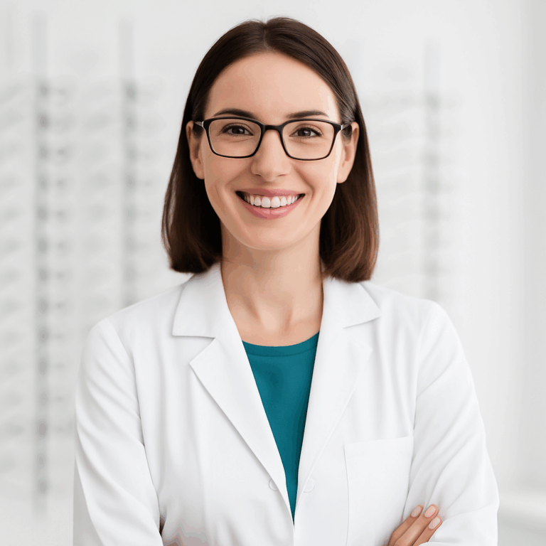 Óptico-optometrista sonriendo en un centro óptico moderno en Córdoba