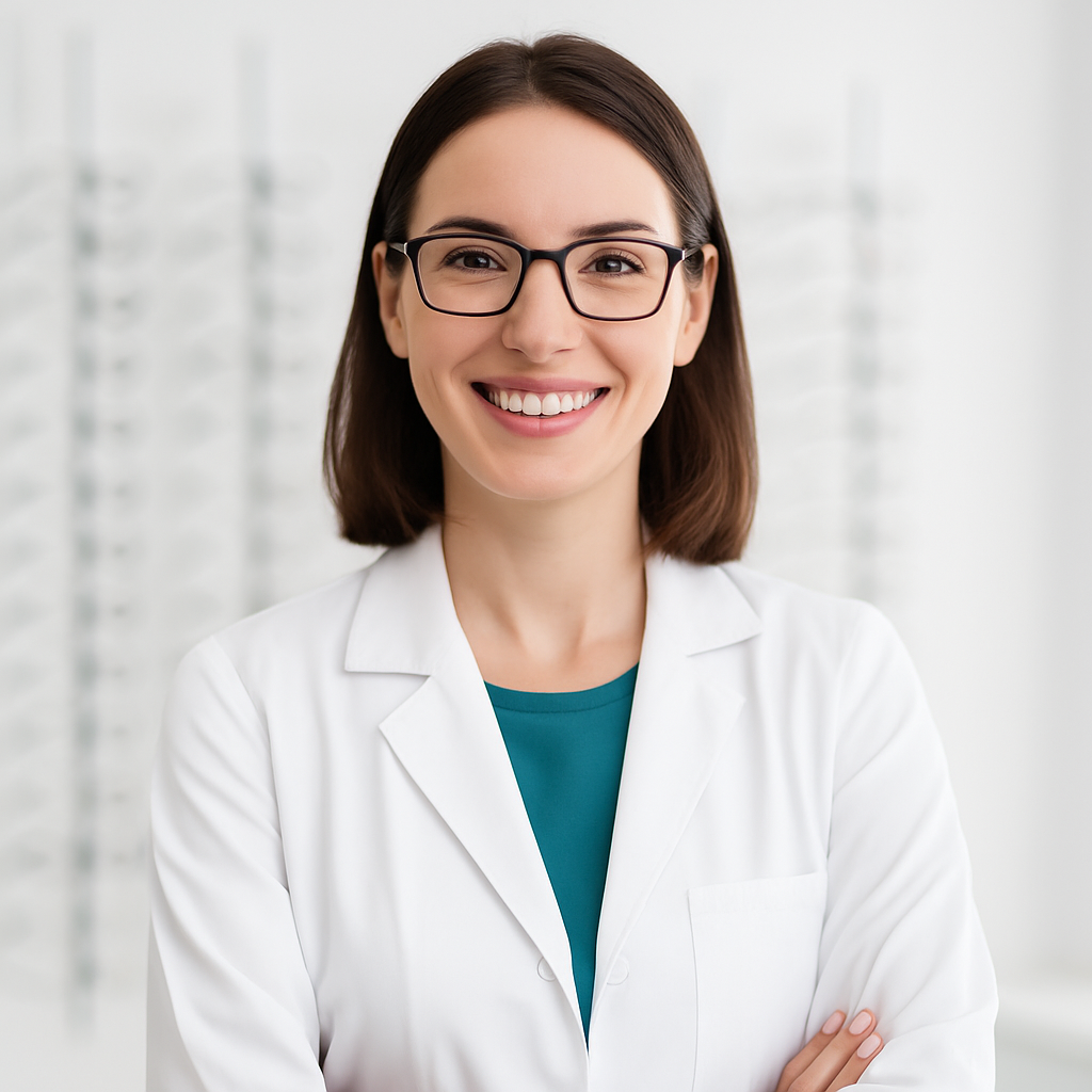 Óptico-optometrista sonriendo en un centro óptico moderno en Córdoba